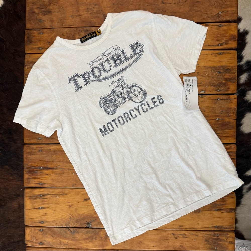 Johnson Motors “Trouble Moto” vintage slub moto tee. ONE-OFF DESIGN SAMPLE. NWT